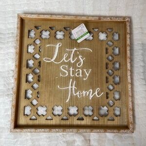 ASHLAND Lets Stay Home Wood Rustic Farmhouse Decor Wall Art NWT 14x14 Brown